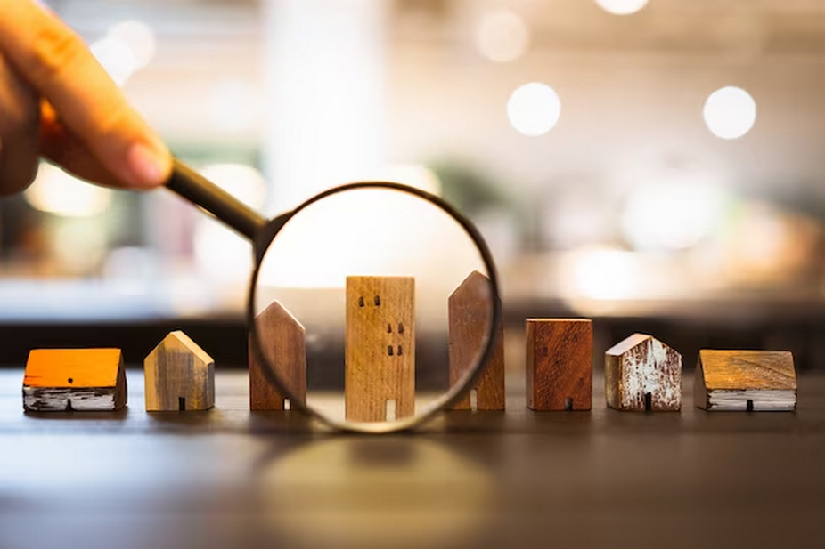Magnifying glass zooming in on tiny wooden houses